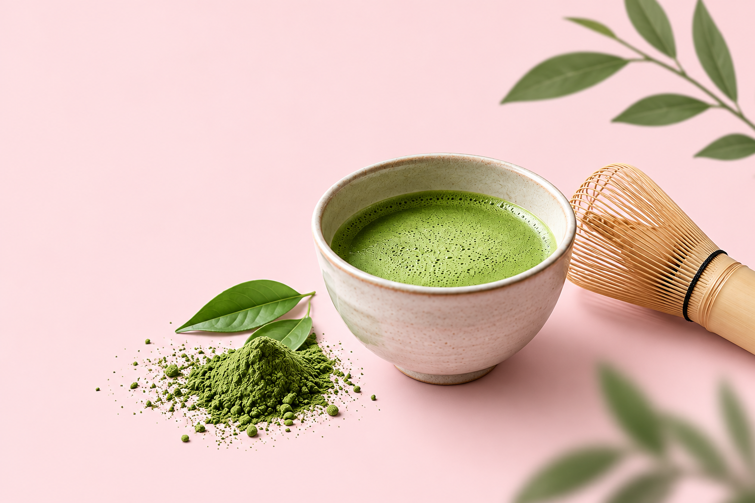Matcha tea, bamboo whisk and matcha powder